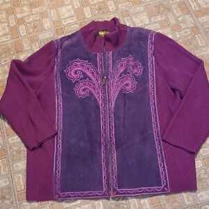 Bob Mackie Purple Wearable Art Jacket Leather And Knit Women's Size 2xlarge